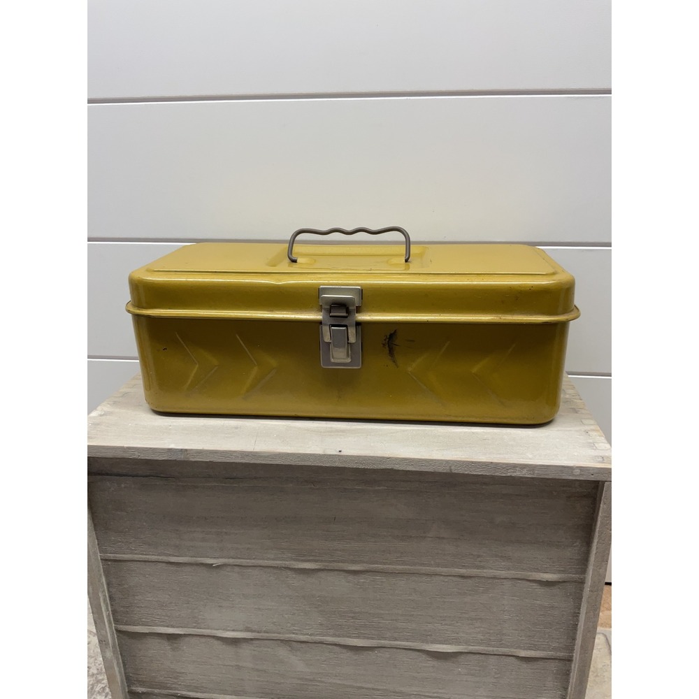 Vintage Mustard Yellow Metal Art Box with Antique Pencils Charcoal and Tins